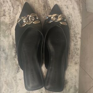 Black Mules with Gold Chain Detail